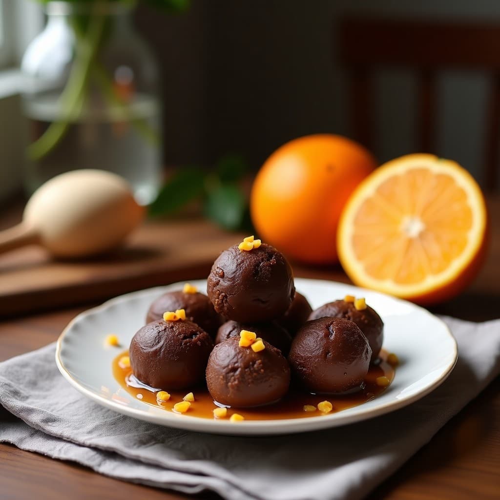 Trufas de chocolate 100% y aceite de coco con esencia de naranja, postre raw vegano, cubiertas de coco rallado, dispuestas en bandeja de madera con ralladura de naranja y hojas de menta como decoración.