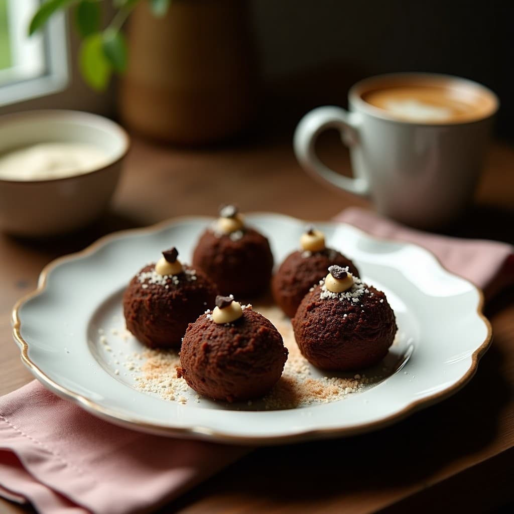 Trufas de chocolate 70% con aceite de oliva virgen extra y sal de Maldon, postre mediterráneo saludable, servidas en bandeja de madera con virutas de almendra y cacao en polvo espolvoreado.