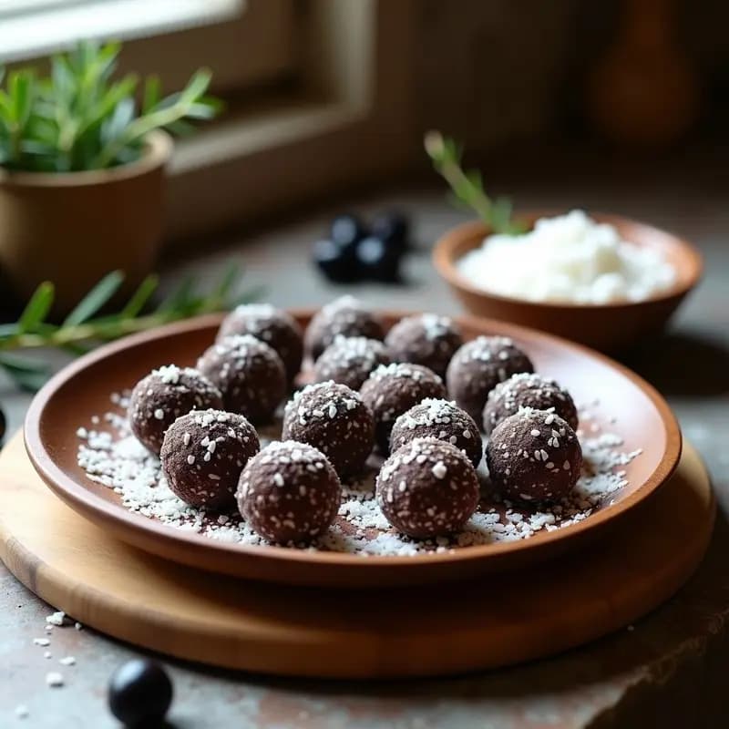 Trufas de chocolate negro y aceitunas negras dispuestas en bandeja de madera rústica, espolvoreadas con cacao en polvo y decoradas con hojas de romero fresco y escamas de sal marina.