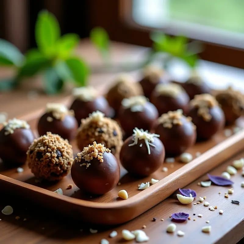 Trufas redondas y brillantes de chocolate negro con rebozado de avellanas trituradas y coco rallado, dispuestas en una bandeja de madera con pétalos de lavanda comestibles y hojas de menta como decoración. Postre vegano sin azúcar.