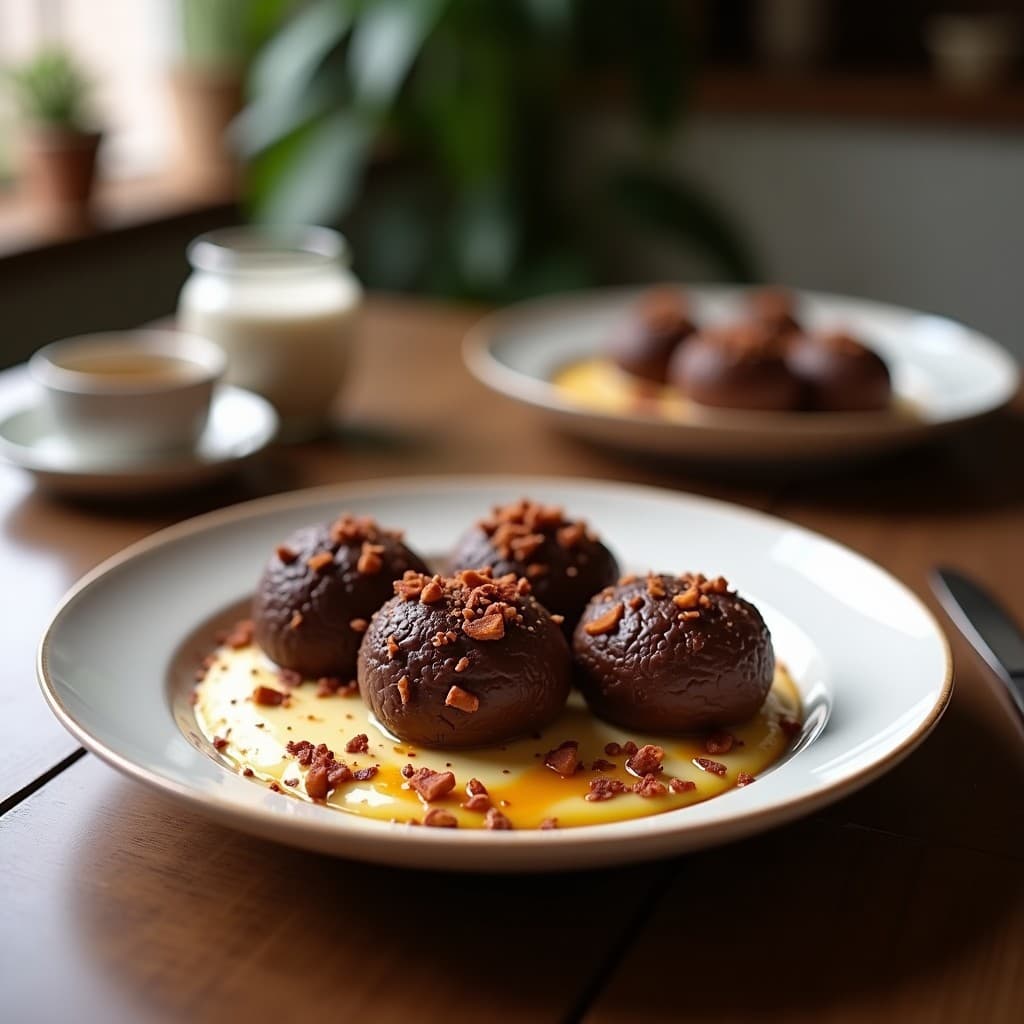 Trufas de chocolate negro y queso de almendras keto dispuestas en un plato blanco sobre fondo oscuro, con almendras fileteadas y cacao en polvo espolvoreado, receta en microondas en 3 minutos.