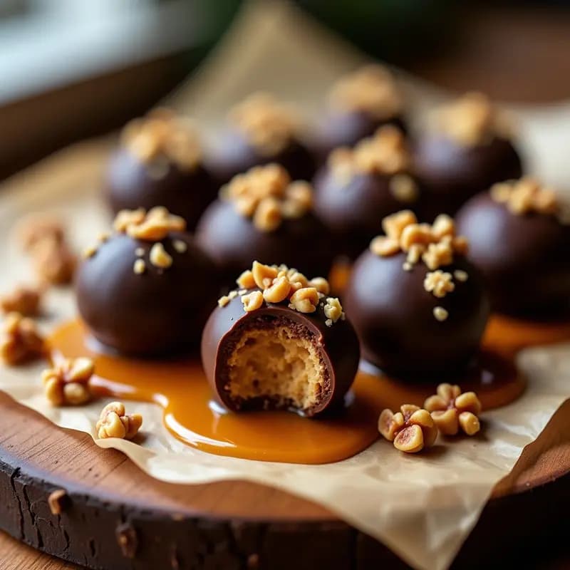 Trufas de chocolate negro rellenas de crema de Biscoff, bañadas en salsa de caramelo brillante con trocitos de nueces adheridos, dispuestas en una bandeja de madera con papel de horno y un drizzle de Biscoff derretido.