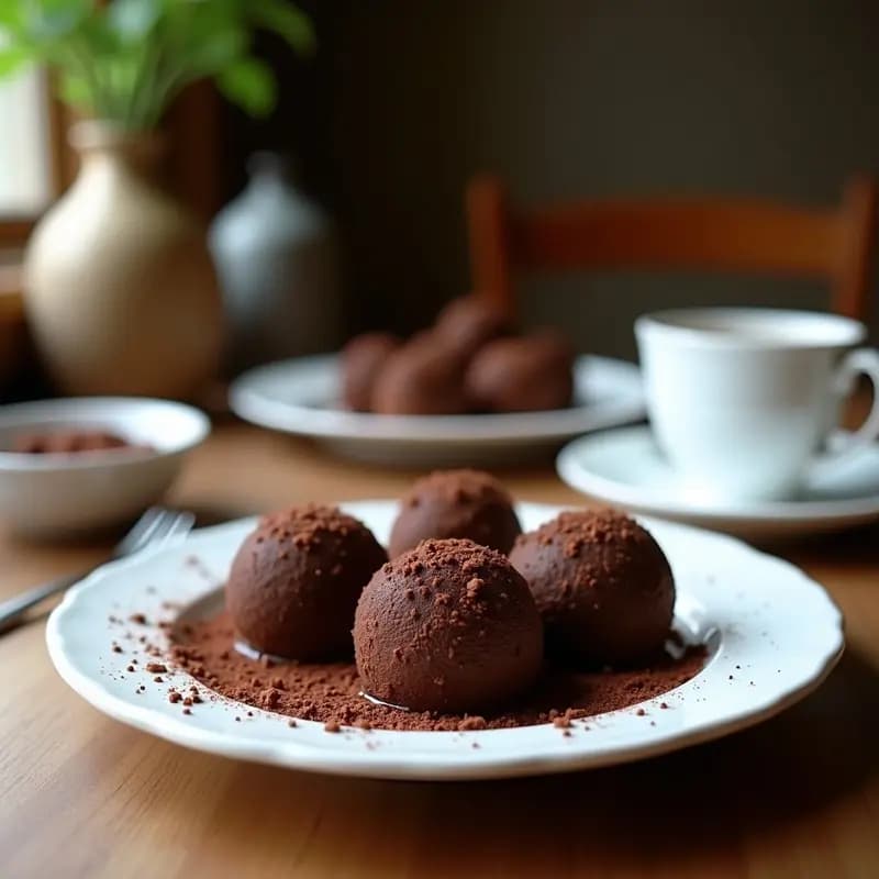Trufas de chocolate negro con esencia de saffron y cardamomo, cubiertas de cacao en polvo y pistachos picados, dispuestas en cápsulas de papel dorado sobre una bandeja de madera oscura, con hebras de azafrán y pétalos de rosa como decoración.