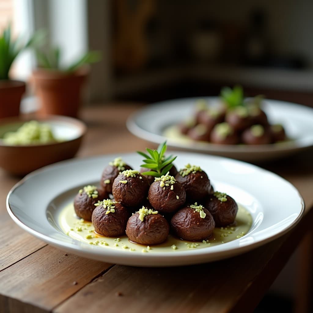 Trufas veganas de chocolate y wasabi sin azúcar, cubiertas de cacao en polvo, dispuestas en una bandeja de madera con detalles de sésamo negro y hojas de menta para decoración.