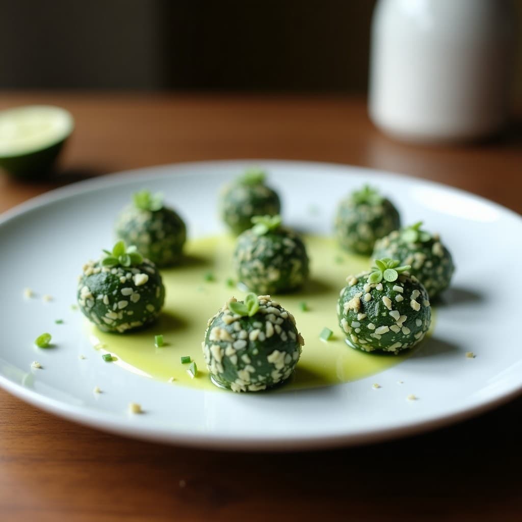 Trufas de coco y espirulina con núcleo de lima dispuestas en bandeja de madera, espolvoreadas con coco rallado y decoradas con rodajas finas de lima, postre sin azúcar y crudivegano.