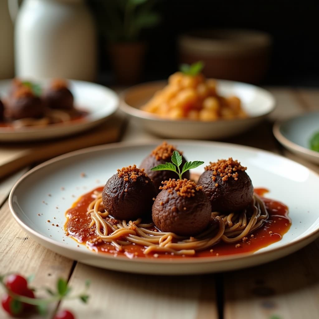 Trufas de dátiles y algas wakame con cacao dispuestas en una bandeja de madera, espolvoreadas con semillas de sésamo negro y cacao en polvo, sobre fondo rústico con hojas de algas decorativas.