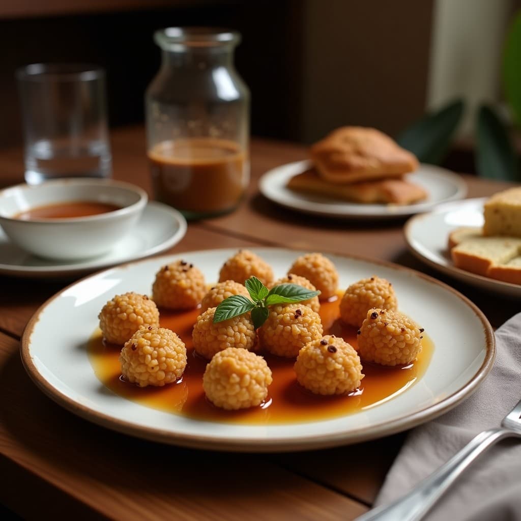 Trufas de dátiles y cacahuete sin azúcar dispuestas en una bandeja de madera rústica, rebozadas en semillas de sésamo y coco rallado, con cacahuetes picados y polvo de cacao espolvoreado alrededor. Postre energético saludable y sin horno.