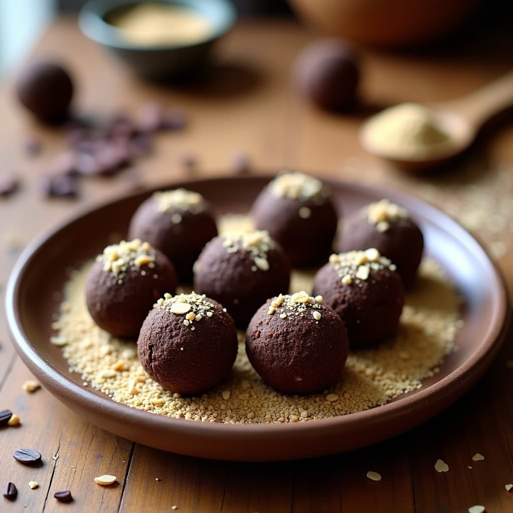 Trufas de dátiles y polvo de maca andinas sin azúcar, cubiertas de coco rallado, dispuestas en una bandeja de madera con hojas de menta y limón verde al fondo.