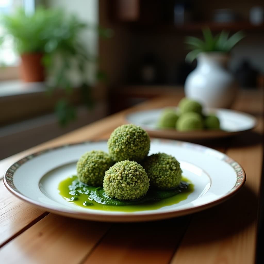 Trufas de alga espirulina y coco veganas, con textura rugosa y color verde azulado, rodadas en coco rallado blanco y espolvoreadas con cacao puro, servidas en un plato de cerámica oscura sobre fondo rústico.