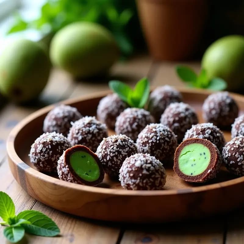 Trufas de feijoa y cacao con núcleo de menta sobre bandeja de madera, decoradas con coco rallado y hojas de menta fresca. Postre crudivegano sin azúcar con textura sedosa y corazón verde brillante.
