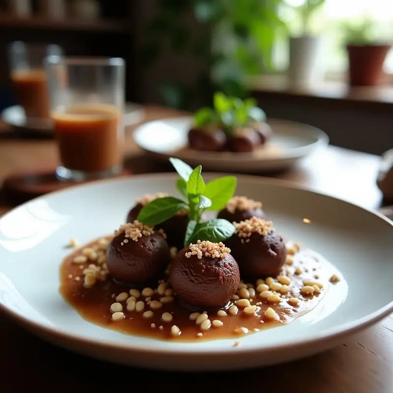 Trufas redondas y brillantes de chocolate negro 85% con trozos de feijoa en el centro, cubiertas de crujiente quinoa inflada tostada, dispuestas en una bandeja de madera rústica con hojas de menta y almendras fileteadas como decoración. Postre colombiano sin azúcar.