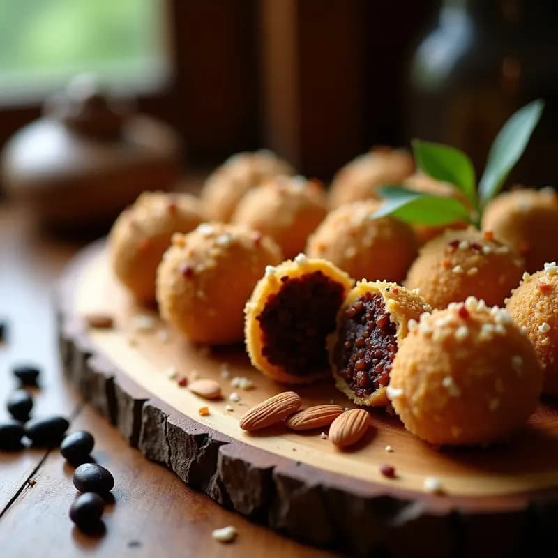 Trufas de feijoada brasileña doradas sobre bandeja de madera rústica, con textura crujiente por fuera y almendras fileteadas. Plato tradicional brasilero reinventado en bocados elegantes con toque dulce y salado.