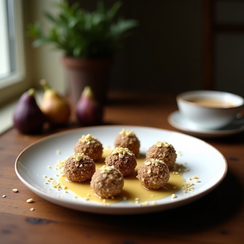 Trufas redondas de color beige claro cubiertas de coco rallado, con vetas doradas de higo y un toque de cardamomo en polvo. Presentadas en un plato de cerámica blanca sobre un fondo de madera rústica, acompañadas de hojas de menta y semillas de cardamomo enteras.
