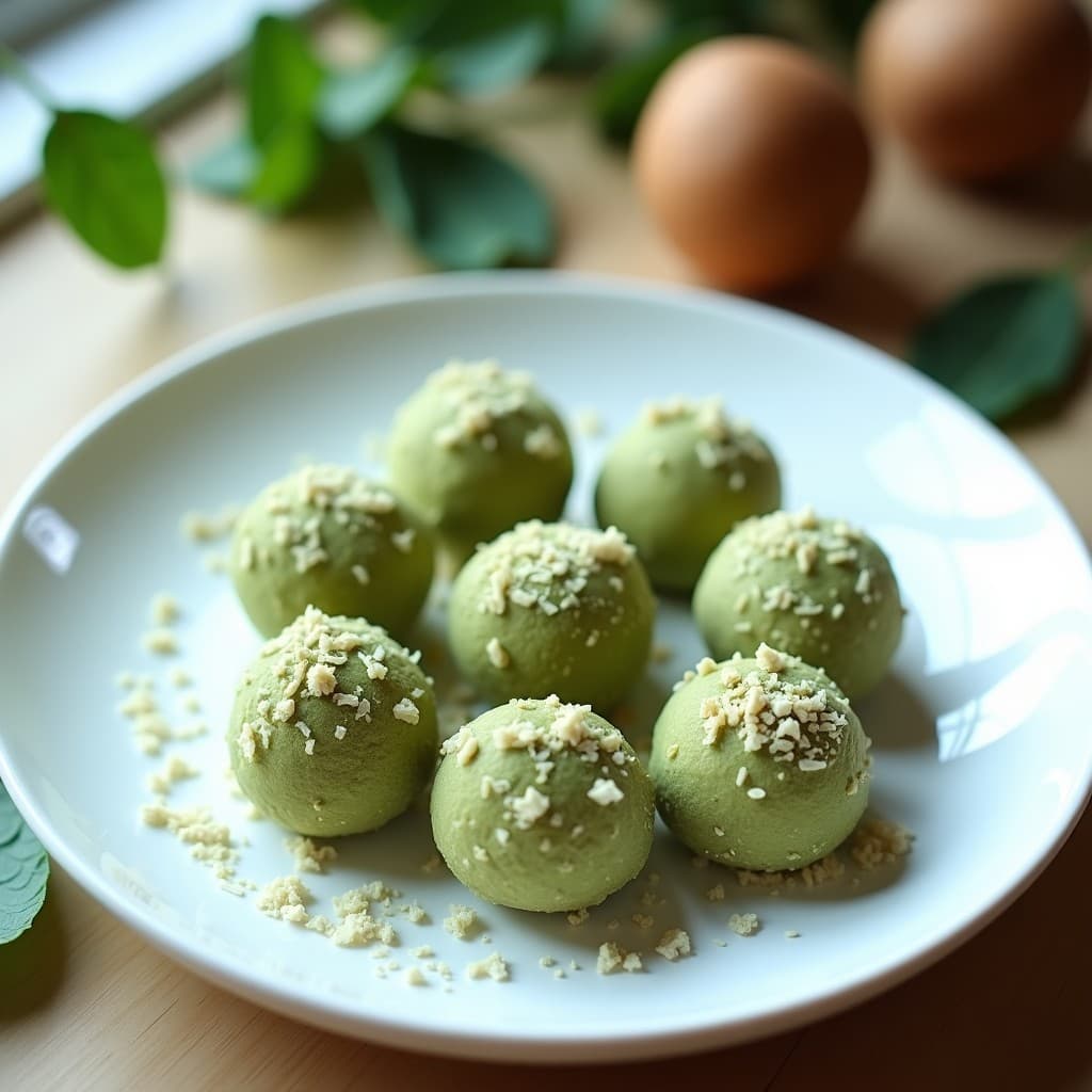 Trufas de macadamia y matcha crudiveganas servidas en plato blanco de cerámica, con coco rallado por encima y un fondo de hojas verdes. Postre alto en grasas saludables y sin azúcar.