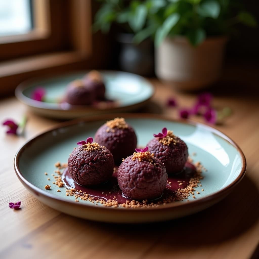 Trufas de maíz morado y cacao sin azúcar con toque de flor de Jamaica, rebozadas en semillas de sésamo doradas, dispuestas en bandeja de madera rústica con hojas de menta y cacao en polvo espolvoreado, postre peruano saludable.