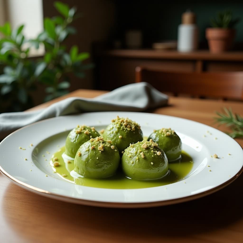 Trufas de matcha y avellanas sin azúcar dispuestas en una bandeja de madera oscura, con cobertura de cacao en polvo y avellanas picadas, postre italiano con toque japonés elegante.