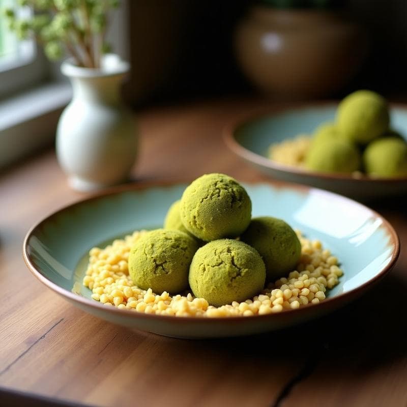 Trufas redondas de matcha y cúrcuma cubiertas de coco rallado, dispuestas en una bandeja de madera rústica con hojas de menta como decoración. Postre antioxidante sin azúcar.