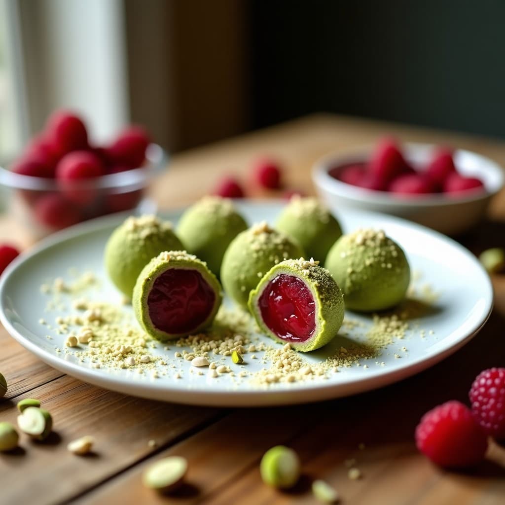 Trufas veganas sin horno de matcha y pistacho con centro líquido de frambuesa, rebozadas en coco rallado y semillas de chía, servidas en plato blanco sobre fondo rústico.