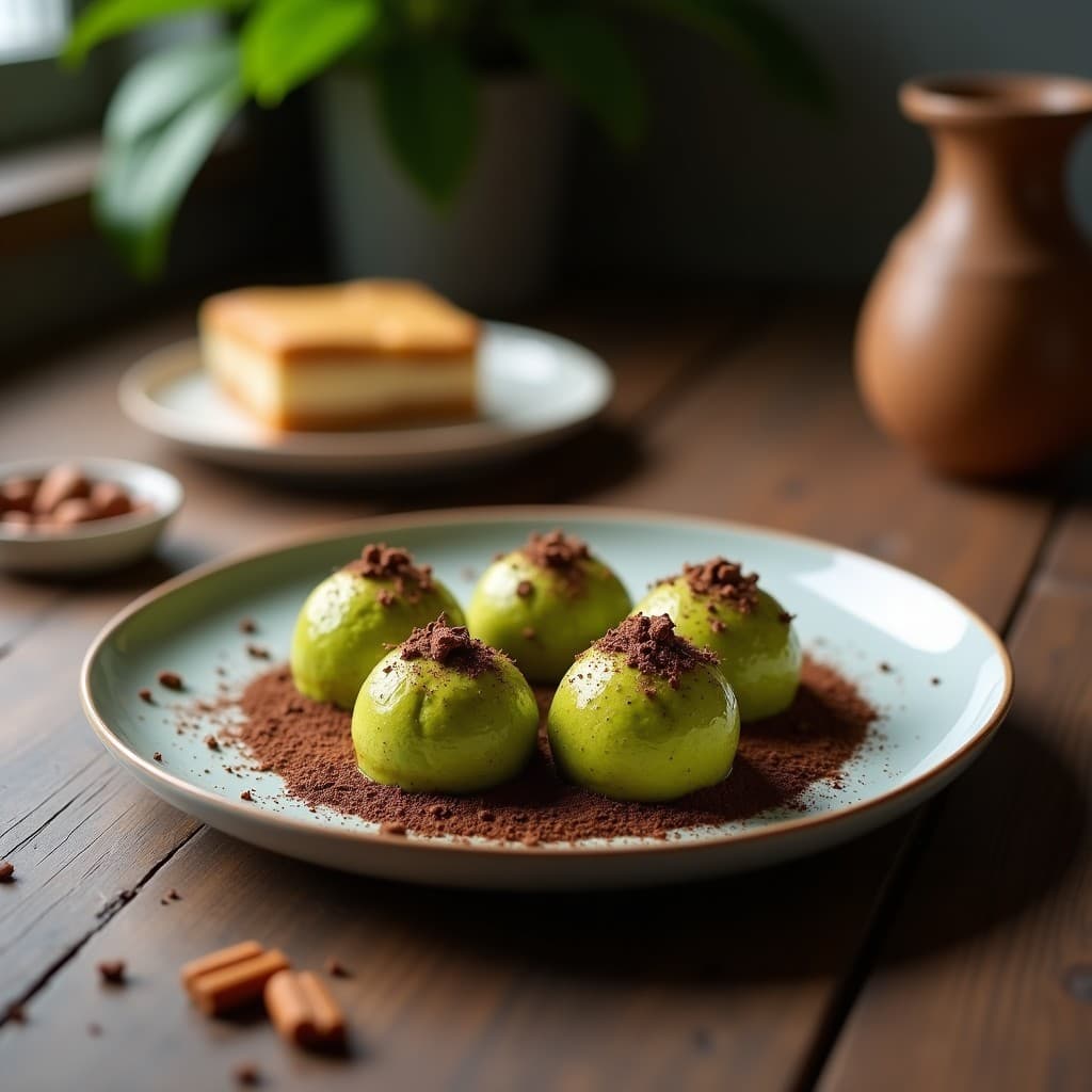 Trufas veganas de matcha y queso de mandorla con baño brillante de chocolate 85%, espolvoreadas con cacao en polvo, sobre una bandeja de madera rústica con hojas de matcha como decoración.