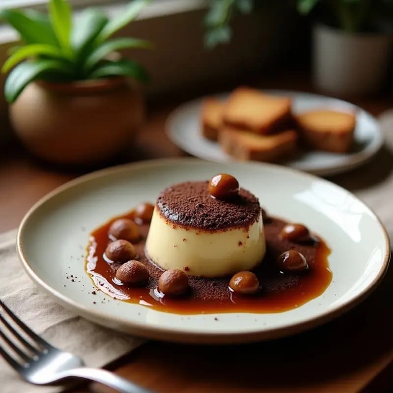 Trufas de queso de cabra y nueces con cobertura de chocolate negro 85%, aperitivo gourmet sin horno, presentadas en bandeja de madera con virutas de nuez y cacao en polvo espolvoreado.