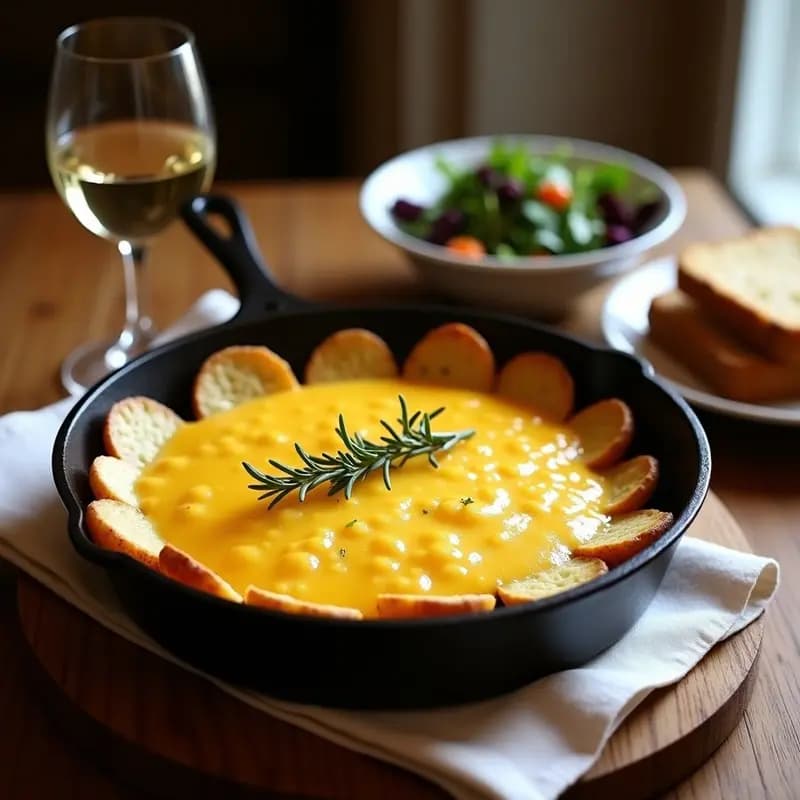 Sartén de hierro con Truffade del Cantal: patatas doradas cubiertas de queso Cantalet fundido y cremoso, con un toque crujiente en los bordes. Plato tradicional francés de Auvernia.