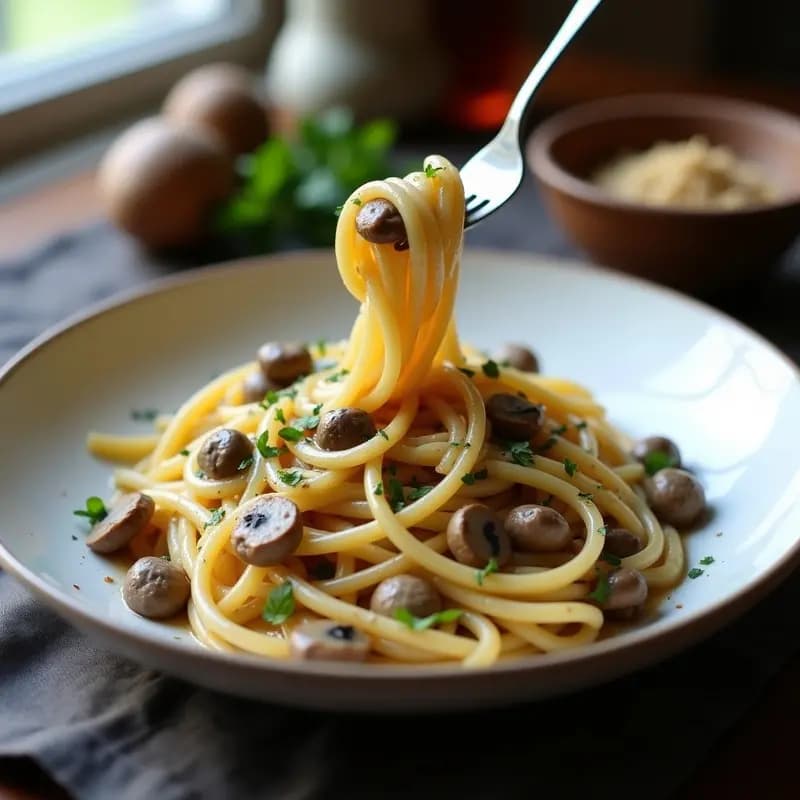 Plato hondo de cerámica blanca con truffle pasta vegana italiana, pasta integral bañada en crema de anacardos sedosa, hongos porcini dorados y aceite de trufa negra brillando. Decorado con láminas de porcini fresco y pimienta negra sobre fondo rústico de madera.