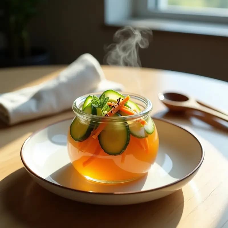 Frasco de vidrio transparente con tsukemono de pepino y zanahoria en rodajas, sumergidos en líquido dorado de miso. Semillas de sésamo tostado en la superficie. Fondo de madera clara con utensilios japoneses.