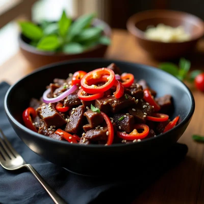 Plato de Ttik Toki de res coreano en sartén de hierro, con trozos finos de carne glaseada en salsa de soja y ajo, decorado con semillas de sésamo y cebollino, acompañado de pimiento rojo salteado.