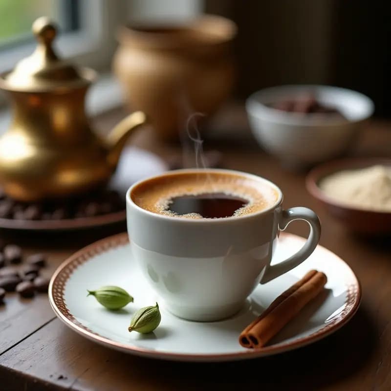 Taza de porcelana blanca con Turkish Coffee espumoso, posos oscuros en el fondo, semillas de cardamomo y gránulos de azúcar de dátil alrededor, servido en bandeja de cobre con cezve tradicional.