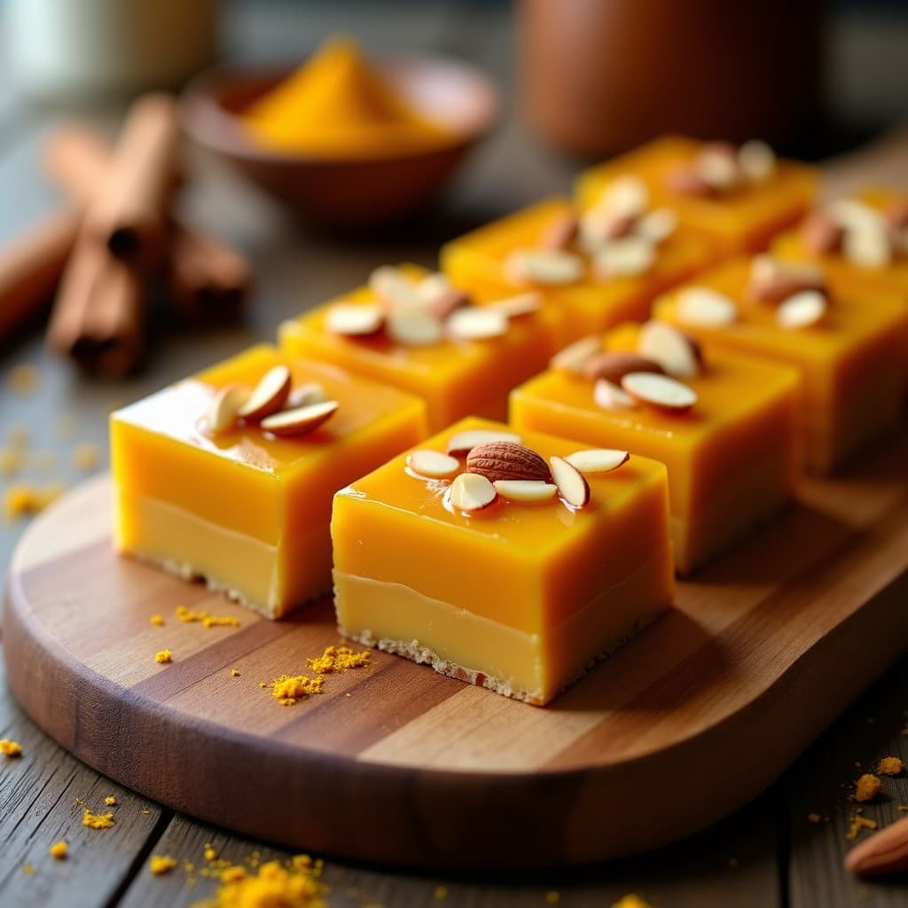 Turrón de almendra y cúrcuma con miel de agave cortado en porciones rectangulares sobre una tabla de madera rústica, con almendras tostadas visibles en la superficie y un fondo borroso de especias y hojas de oblea.