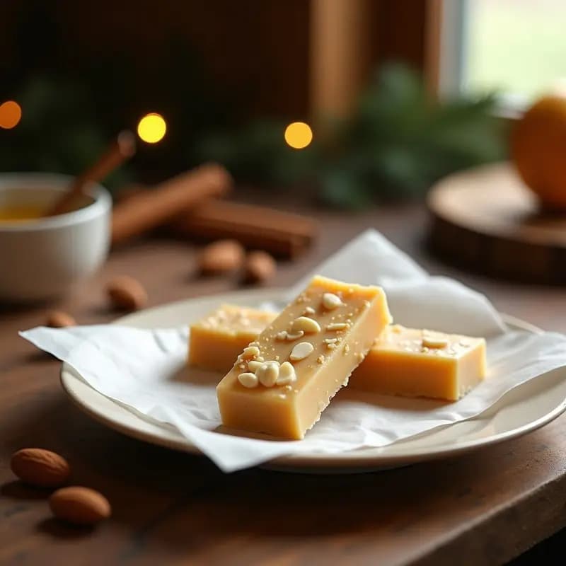 Tableta de turrón de Jijona casero sin horno sobre papel de horno, con textura cremosa y trocitos de almendra visible, envuelta parcialmente en oblea y decorada con canela en polvo.