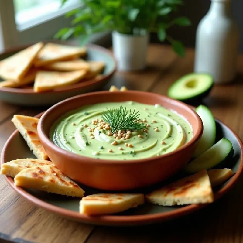 Bol de barro rústico con tzatziki de aguacate y eneldo, cremoso y de color verde claro, decorado con semillas de sésamo y hojas de eneldo fresco. Acompañado de triángulos dorados de pan de pita integral tostado y rodajas de pepino al lado.