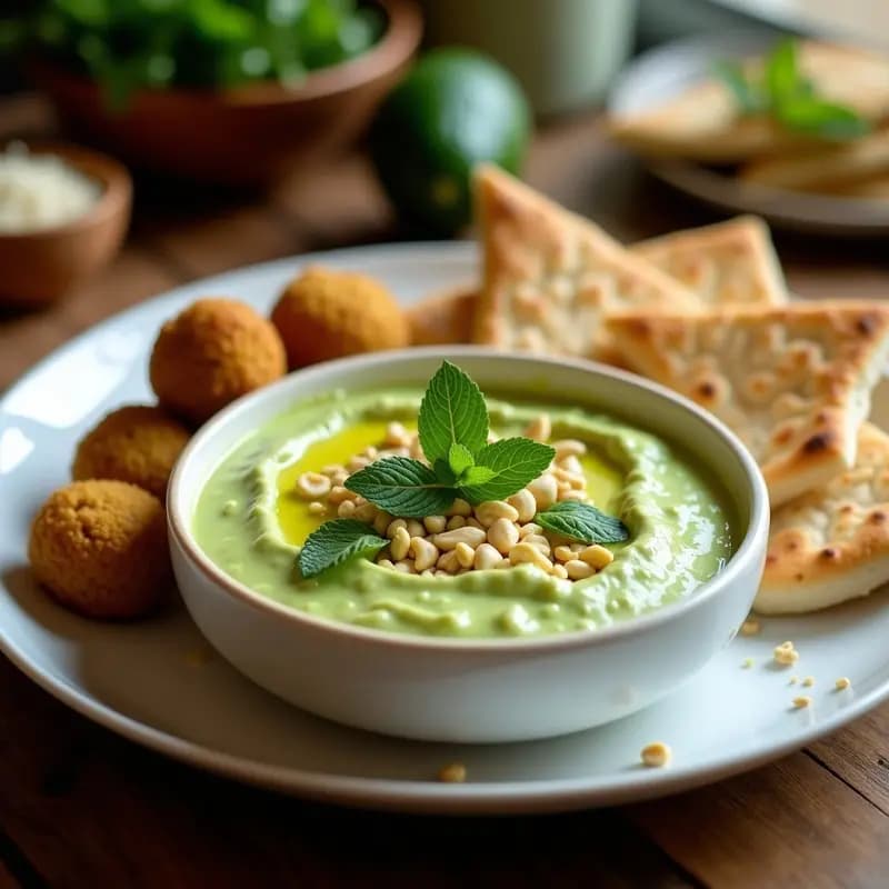 Cuenco de cerámica blanca con tzatziki de aguacate y mentas, cremoso y verde pálido, decorado con hojas de menta fresca y un hilo de aceite de oliva. Acompañado de pan de pita tostado y falafel dorado en un plato de madera rústica.