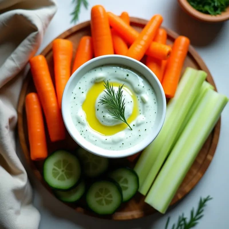 Cuenco de cerámica blanca con tzatziki griego sin lácteos, cremoso y verde pálido, decorado con eneldo fresco y rodajas de pepino. Acompañado de bastones de zanahoria y pan de pita tostado sobre una mesa rústica de madera con fondo desenfocado de hierbas aromáticas.