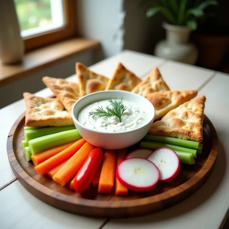 Plato de madera rústico con bol de tzatziki cremoso decorado con eneldo fresco, rodeado de triángulos dorados de pan de pita tostado y verduras coloridas (zanahoria, apio, pimiento rojo y rábanos) dispuestas en abanico. Receta de aperitivo griego ligero y sin horno.