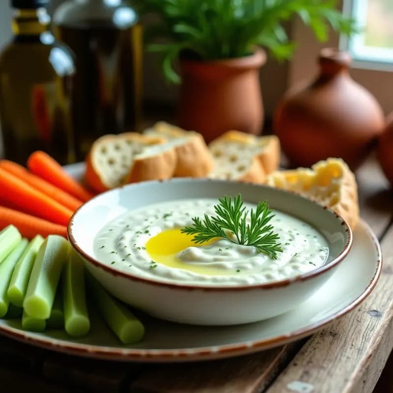 Bol de cerámica blanca con tzatziki cremoso de pepino y aceite de oliva, decorado con hilo de aceite y hojas de menta fresca sobre fondo rústico de madera. Salsa griega fresca y vegana lista para servir.