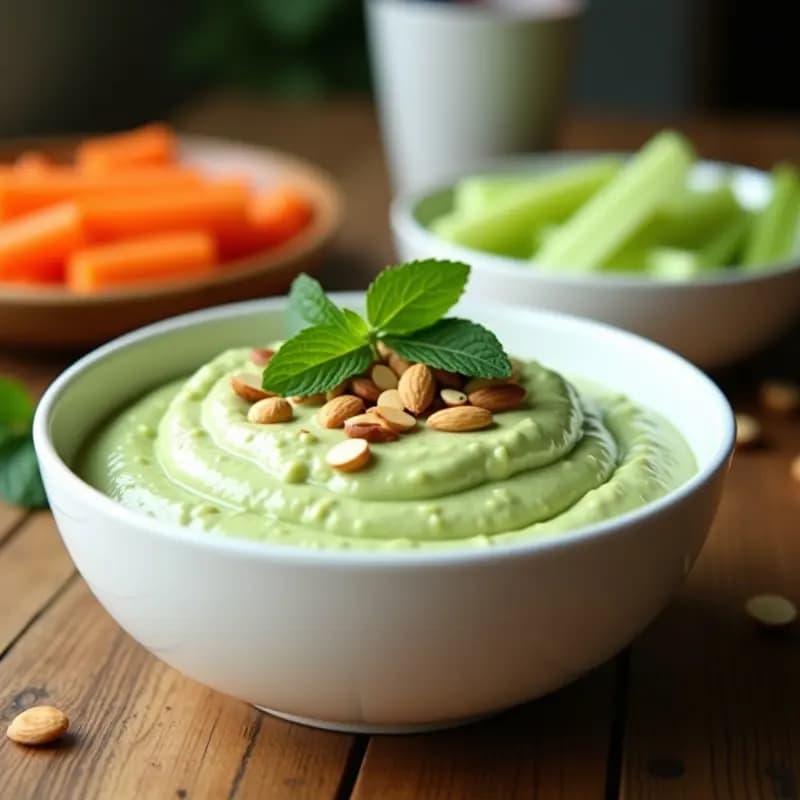 Bol de cerámica blanca con tzatziki de pepino y aguacate keto sin lácteos, cremosa y verde pálido, decorada con almendras fileteadas tostadas y hojas de menta fresca. Acompañada de bastones de apio y zanahoria en un plato de madera rústica.