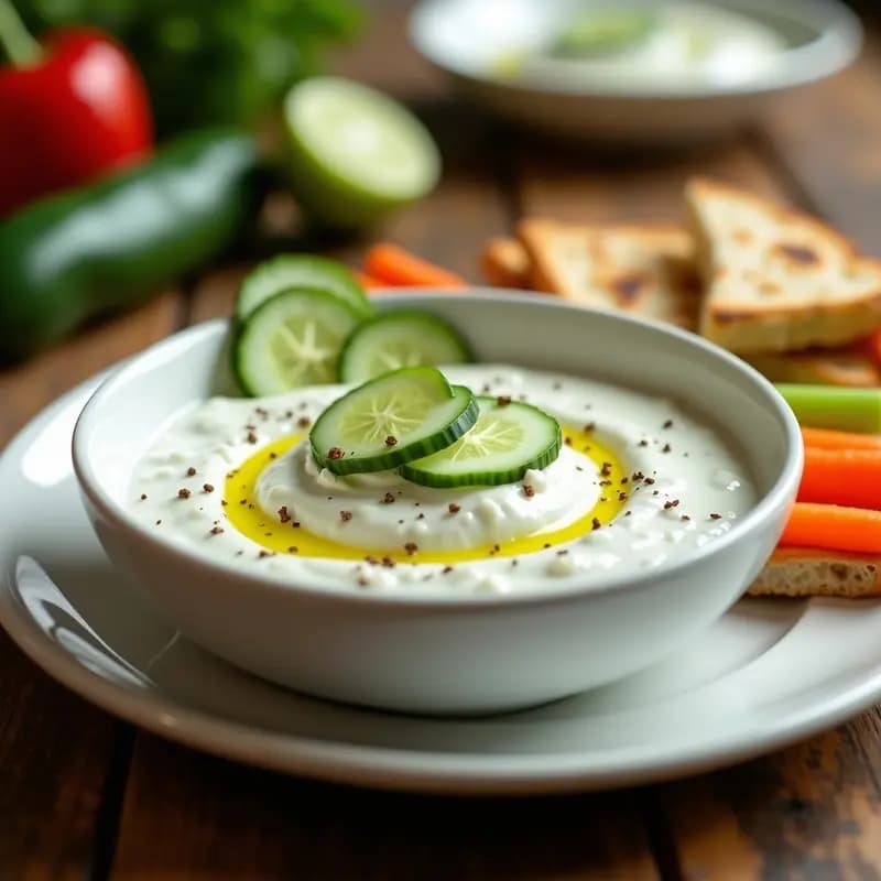 Bol de cerámica blanca con Tzatziki griego cremoso, decorado con rodajas de pepino, un hilo de aceite de oliva virgen extra y pimienta negra. Acompañado de trozos de pan de pita y verduras crudas para mojar. Imagen fresca y veraniega con fondo de madera rústica.