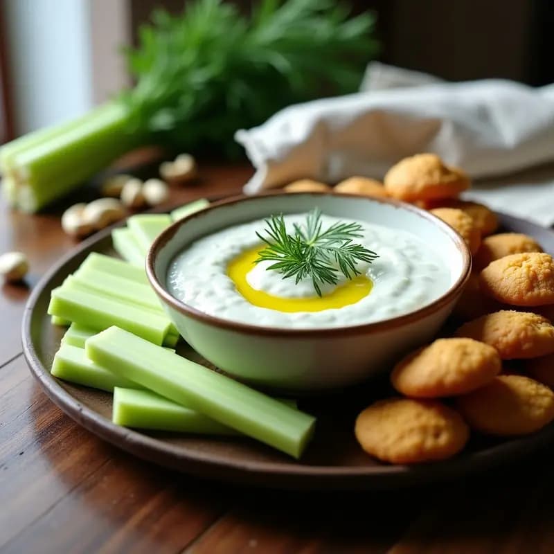 Bol de cerámica blanca con tzatziki de pepino y anacardos, cremoso y decorado con eneldo fresco, acompañado de bastones de apio crujientes sobre una tabla de madera rústica. Receta griega vegana y sin lactosa.