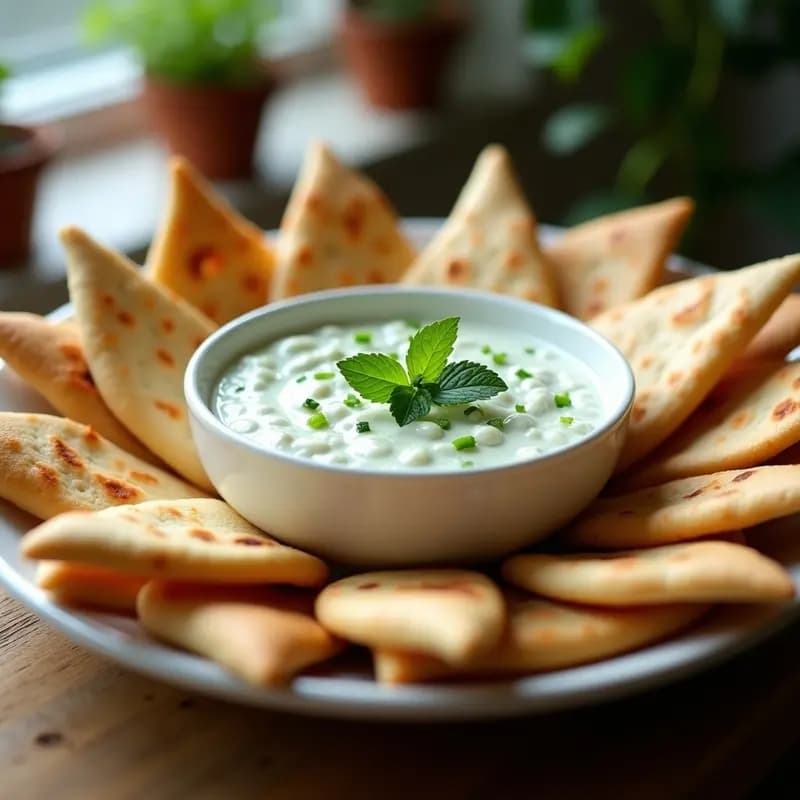 Bol de cerámica blanca con tzatziki vegano de anacardos y pepino, cremoso y espolvoreado con eneldo fresco. Acompañado de trozos dorados de pan de pita integral y bastones de zanahoria. Fondo rústico con tela de lino beige.