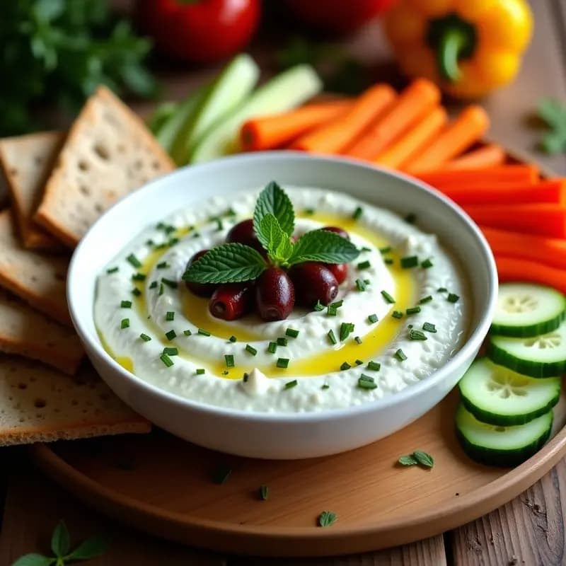 Bol de cerámica blanca con tzatziki de pepino asado y aceitunas Kalamata, decorado con aceite de oliva y hojas de menta, acompañado de pan de pita y crudités sobre una mesa de madera rústica.