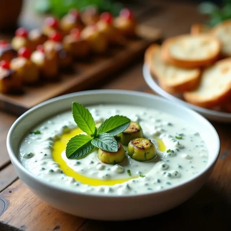 Bol de cerámica blanca con tzatziki de pepino asado y hierbabuena, textura cremosa con trozos dorados de pepino, decorado con hojas de hierbabuena fresca y un hilo de aceite de oliva, acompañado de pan de pita tostado y brochetas de carne a la parrilla sobre una mesa de madera rústica.