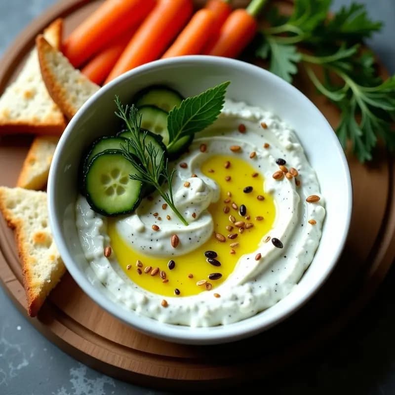 Bol de cerámica blanca con tzatziki de pepino asado y ajo negro, decorado con semillas de sésamo, eneldo fresco y un hilo de aceite de oliva. Acompañado de pan de pita tostado y bastones de zanahoria sobre una tabla de madera rústica.