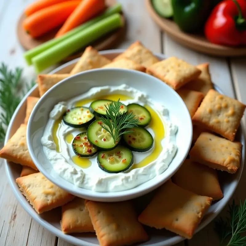 Bol de cerámica blanca con tzatziki de pepino asado y eneldo vegano, decorado con ramas de eneldo fresco y un hilo de aceite de oliva. Acompañado de rodajas de pan de pita integral tostado y crudités de zanahoria y apio. Fondo rústico con textura de madera clara.