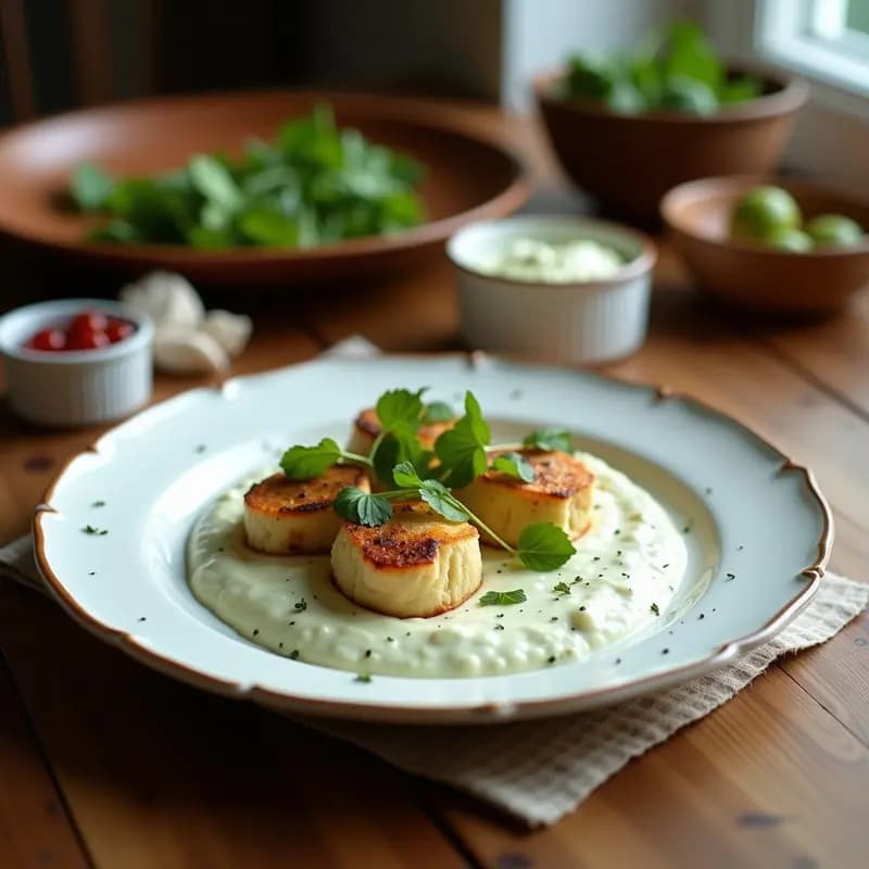 Bol de cerámica blanca con tzatziki vegano y sin lactosa, cremoso y espeso, decorado con hebras de eneldo fresco y un hilo de aceite de oliva virgen extra. Acompañado de bastones de zanahoria, apio y pan de pita integral en un fondo rústico de madera clara.