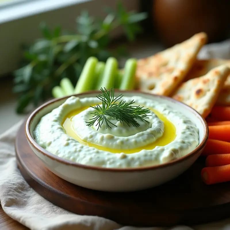 Bol de cerámica blanca con tzatziki cremoso de color blanco, decorado con eneldo fresco picado y un hilo de aceite de oliva. Acompañado de bastones de pepino, zanahoria y pan de pita tostado en una tabla de madera rústica. Receta griega fresca con pepino y eneldo.