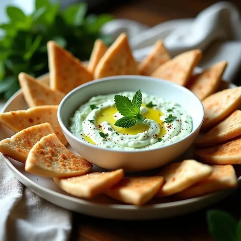 Cuenco de cerámica blanca con tzatziki cremoso de pepino y hierbabuena, decorado con semillas de sésamo y pimentón dulce, acompañado de triángulos dorados de pan de pita integral tostado. Receta griega sin lactosa.