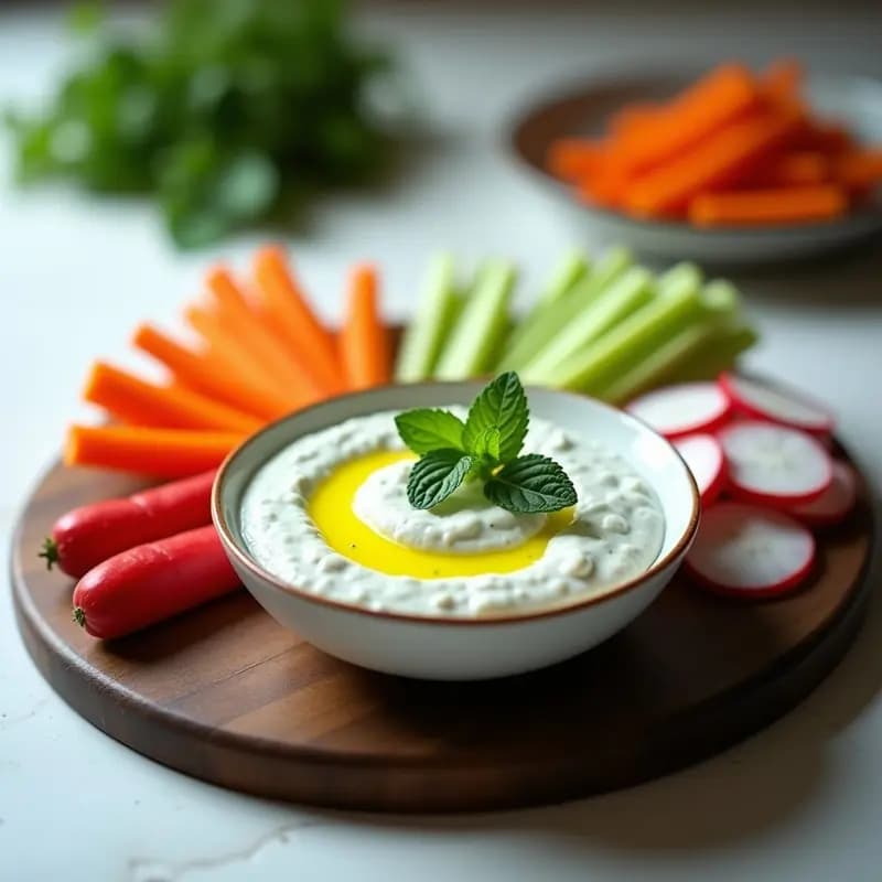 Bol de cerámica blanca con tzatziki de pepino y menta, espolvoreado con semillas de sésamo tostado, acompañado de crudités de calabacín, zanahoria morada y rábanos rojos dispuestos en abanico sobre una tabla de madera rústica. Entrante griego fresco y ligero.