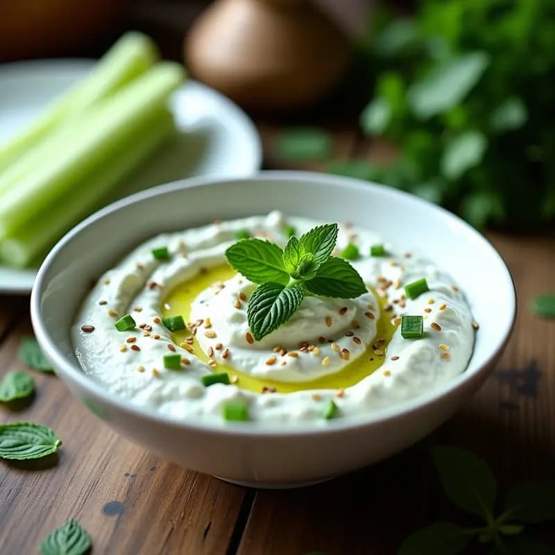 Plato blanco con tzatziki vegano de pepino y mentas, cremoso y espolvoreado con semillas de sésamo, acompañado de bastones crujientes de apio sobre fondo de madera rústica.