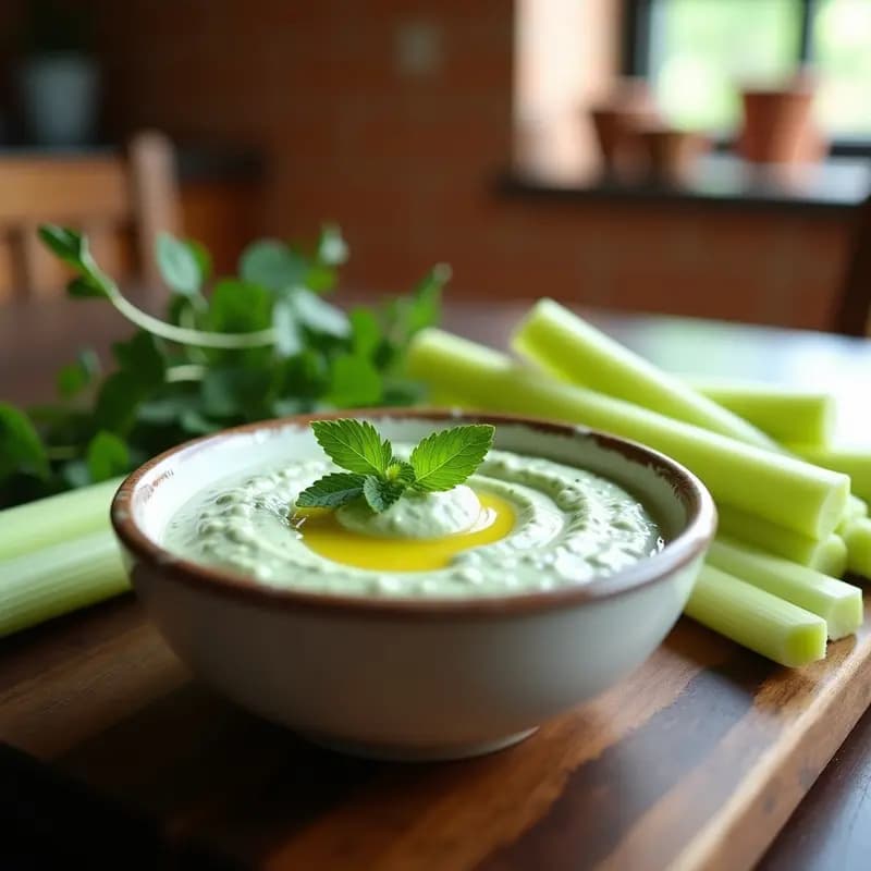 Bol de cerámica blanca con tzatziki cremoso de color verde pálido, decorado con semillas de sésamo tostadas y hojas de menta fresca. Acompañado de bastones de apio crujientes dispuestos en abanico sobre una tabla de madera rústica. Receta de tzatziki keto sin lactosa con apio.